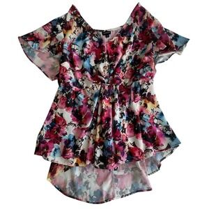Torrid Floral Chiffon High Low Peplum Blouse‎ Pink Blue Sleeve Size 0 L/XL